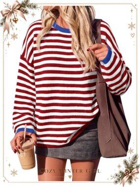 Oversized Striped Knit Sweater Crew Neck Long Sleeve Pullover